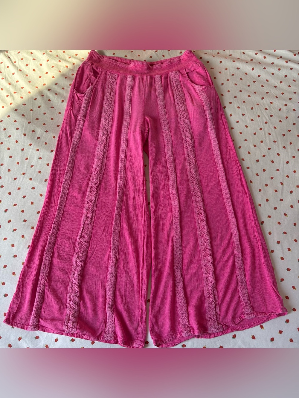 Bunulu Pink Embroidery Trimmed Wide Leg Cropped Pants Size M - Picture 2 of 11